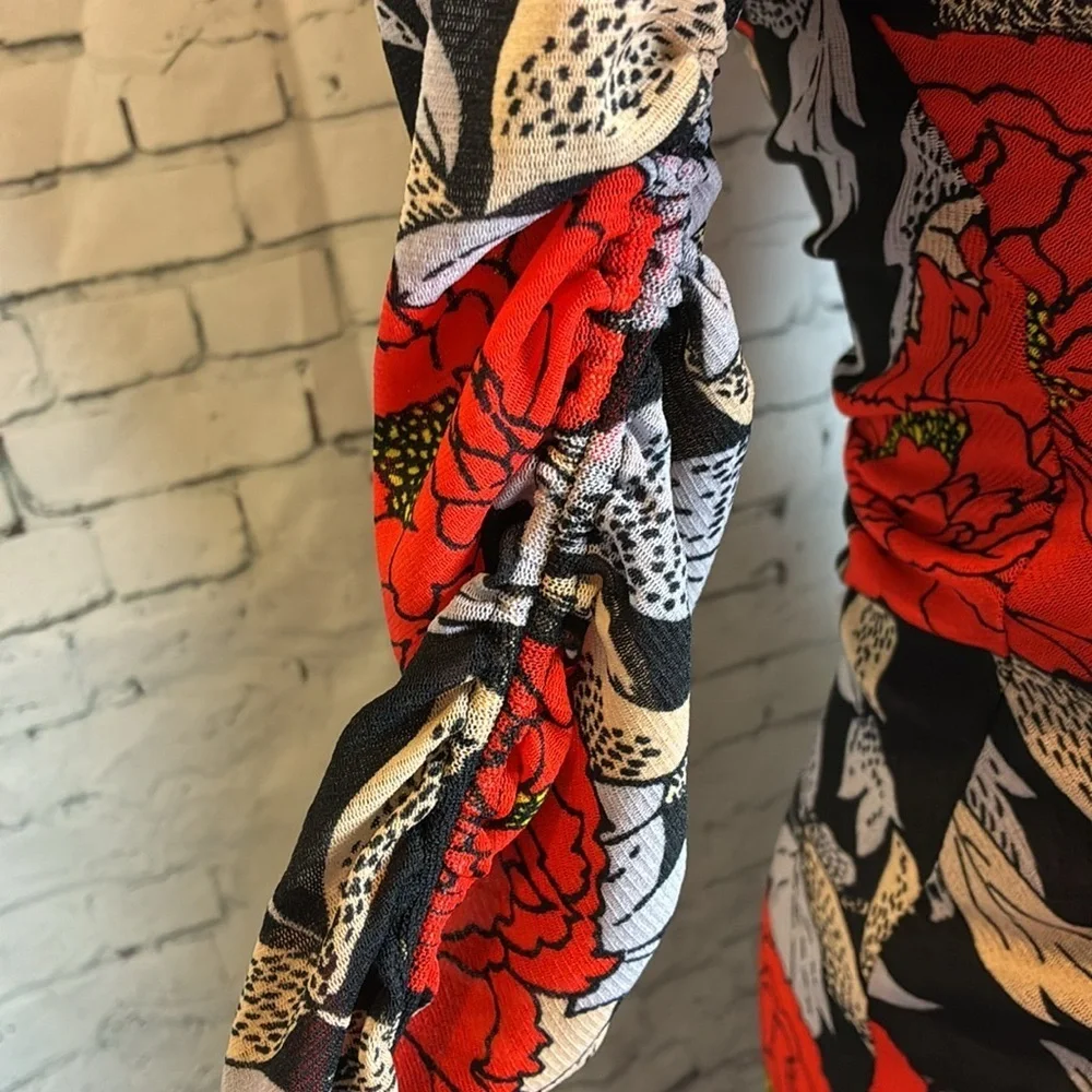 Diane Von Furstenburg Ruched One Sleeve Floral Mesh Dress Boswell Black 6 Sexy - Picture 7 of 16